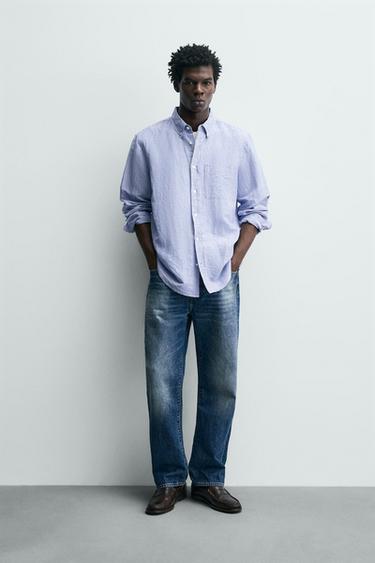 REGULAR FIT LINEN/COTTON SHIRT - White / Sky blue by Zara