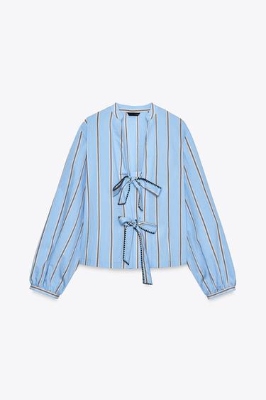 Zara STRIPED POPLIN SHIRT WITH TIES - Sand / Blue