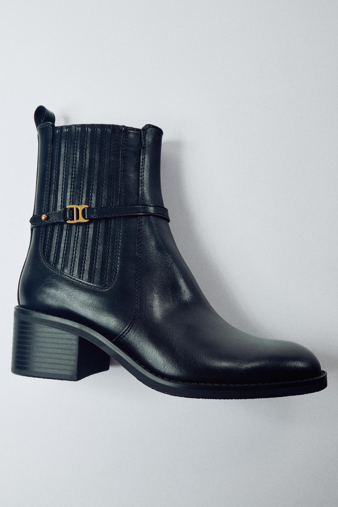 HEELED APPLIQUÉ ANKLE BOOTS — Black