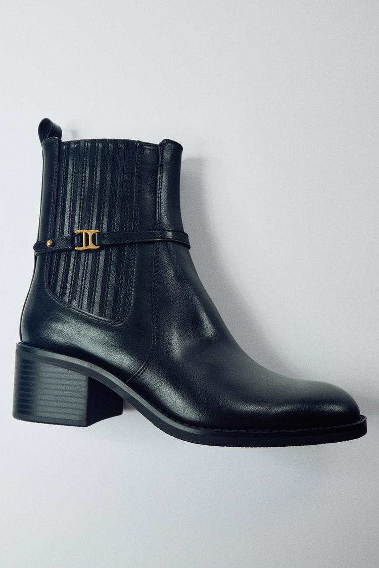 HEELED APPLIQUÉ ANKLE BOOTS — Black