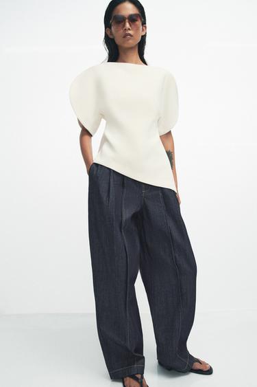 Zara BALLOON SLEEVE TOP ZW COLLECTION - Mid-ecru