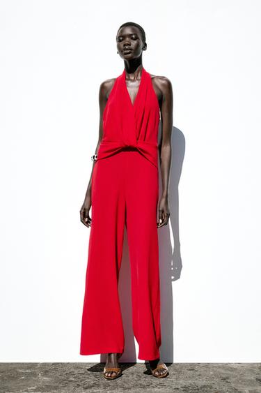 Zara HALTER KNOT JUMPSUIT - Red - Image 0