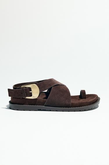 SPLIT SUEDE TOE POST BUCKLE SANDALS - Brown by Zara