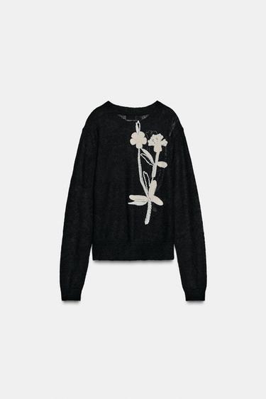 GILET EN MAILLE BRODERIE FLEUR - Noir de Zara - Image 6