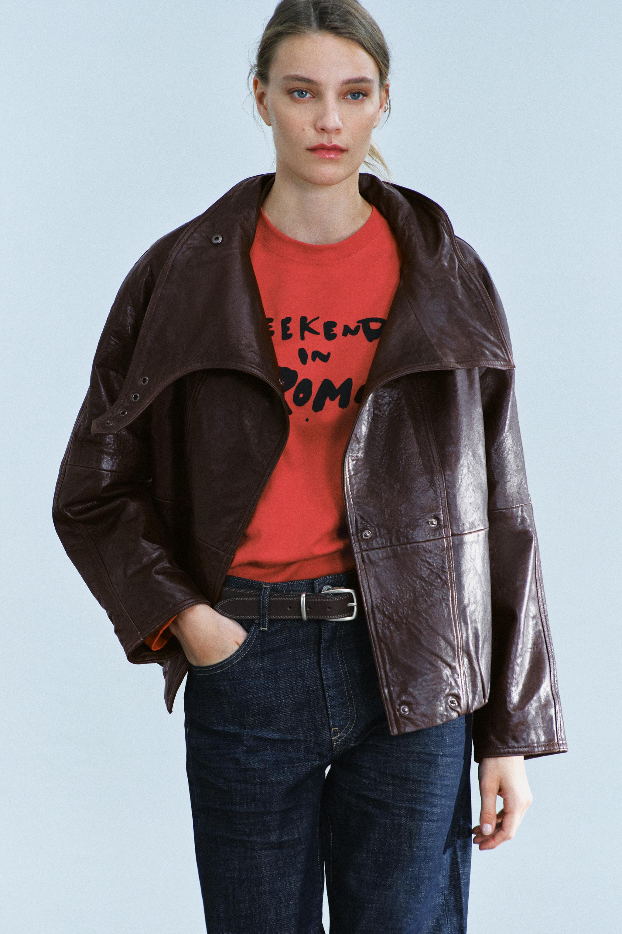 100% LEATHER STAND-COLLAR JACKET ZW COLLECTION