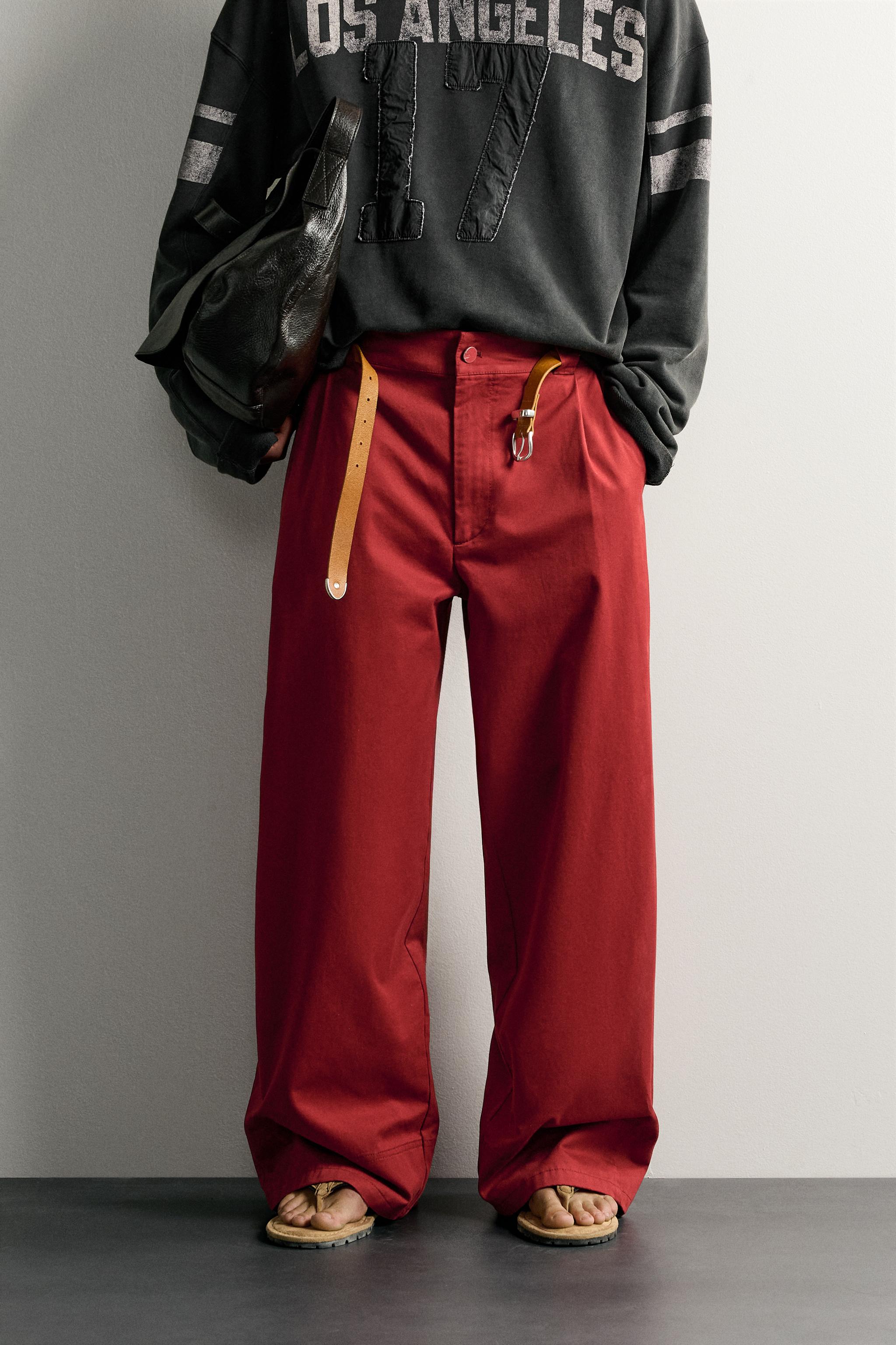 PLEATED WIDE FIT PANTS — Red
