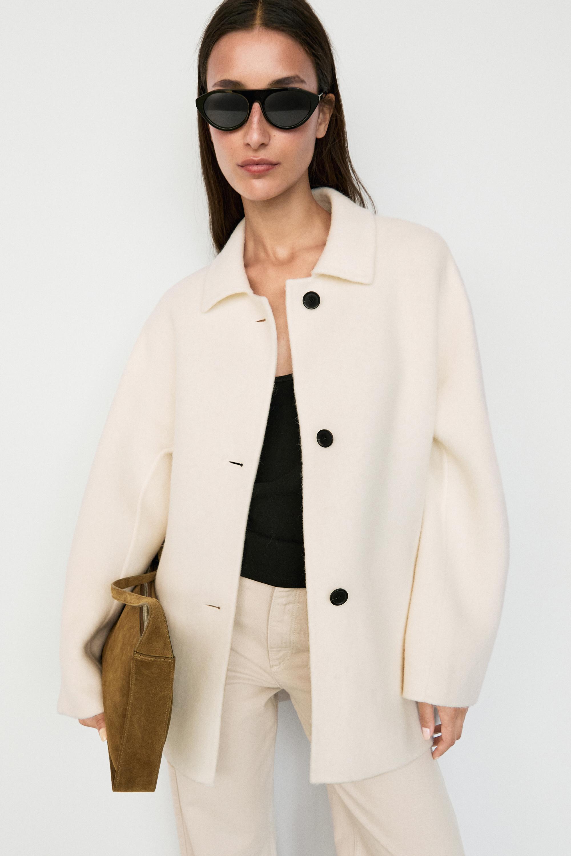 Medium single-breasted wool blend coat — Oyster-white