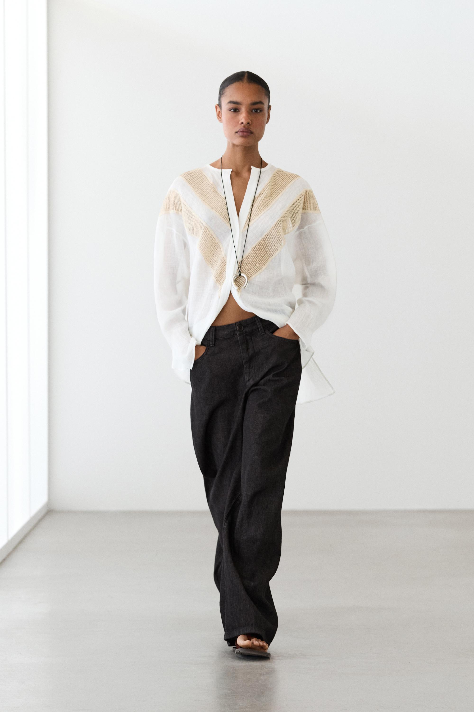 Flowing linen blend shirt with appliqué detail