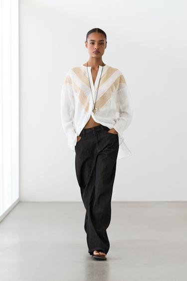 Camisa fluida detalle aplique mezcla lino - Blanco de Zara - Imagen 0