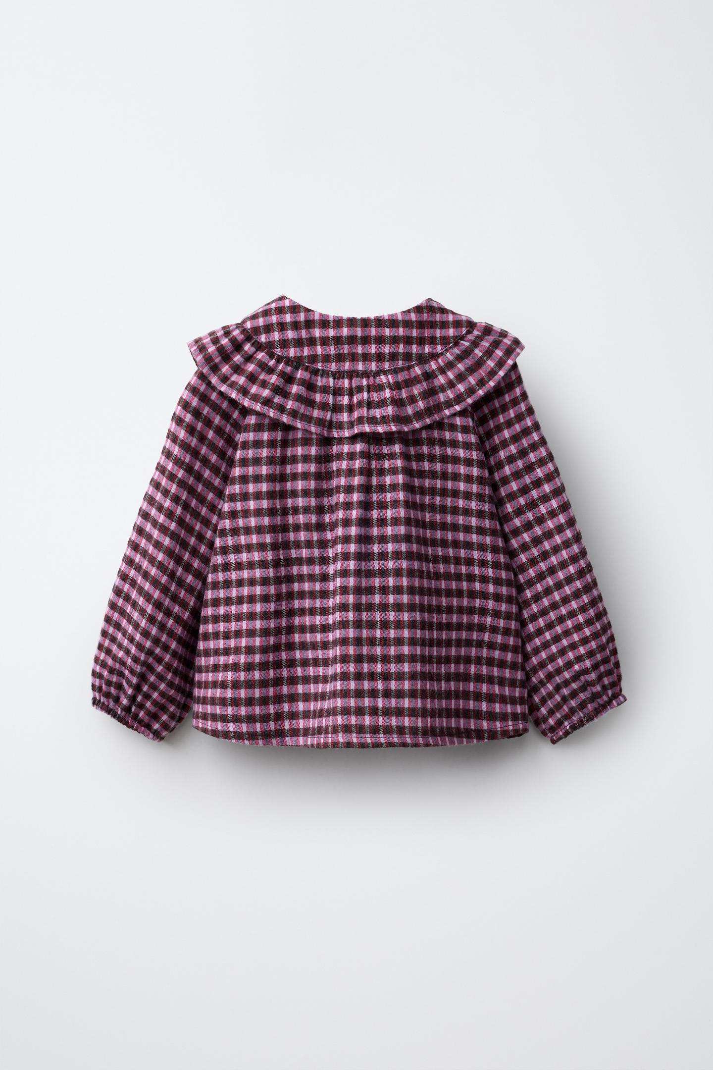 Детская рубашка Zara Peter Pan Collar Plaid, цвет: Фуксия — фото 2