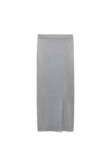 Front view of gray skirt with side slit.