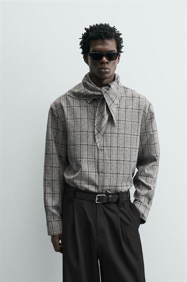 Zara RELAXED FIT PLAID SCARF OVERSHIRT - Gray
