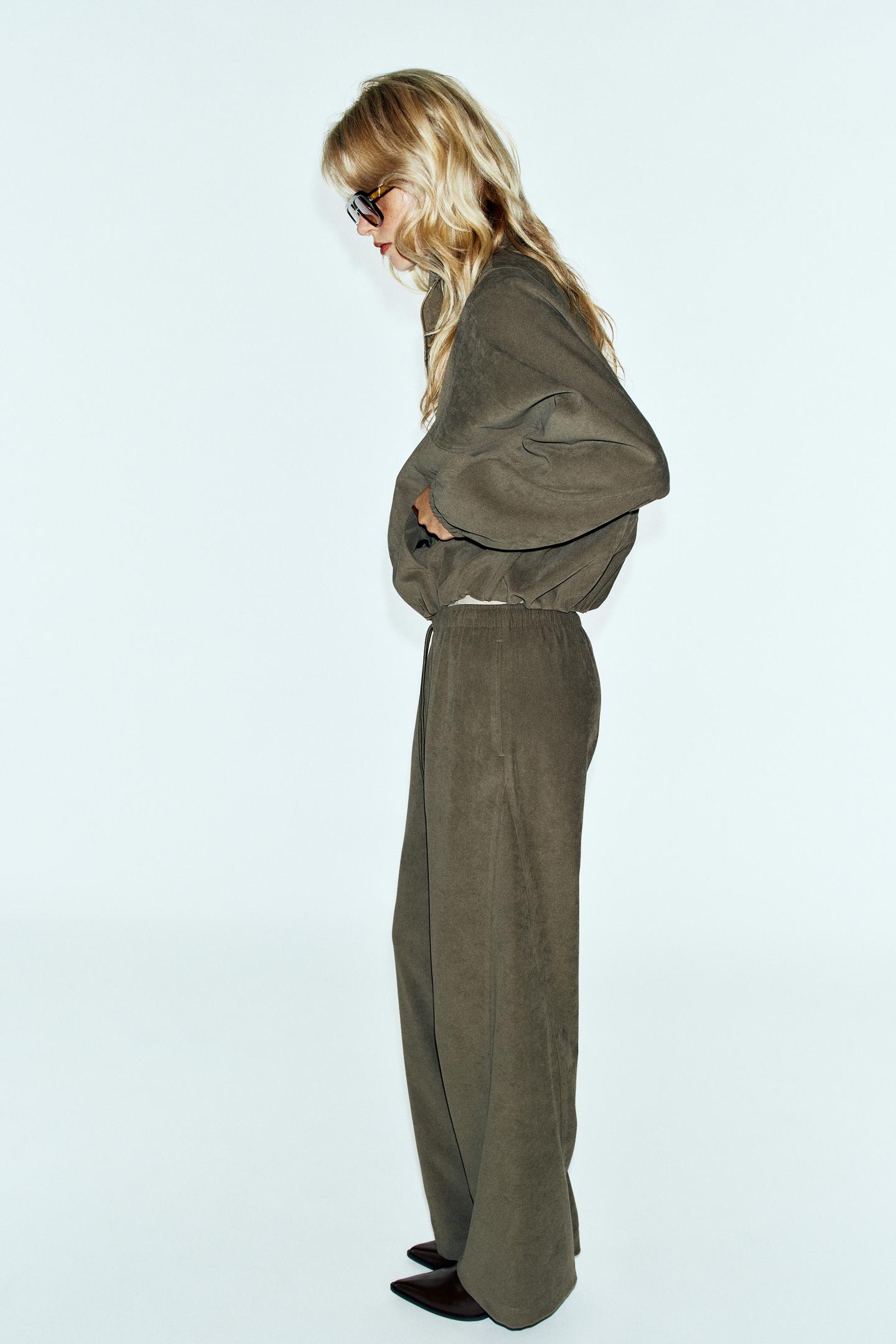 Женские брюки Zara Wide-Leg Elastic Waist, цвет: Хаки — фото 3