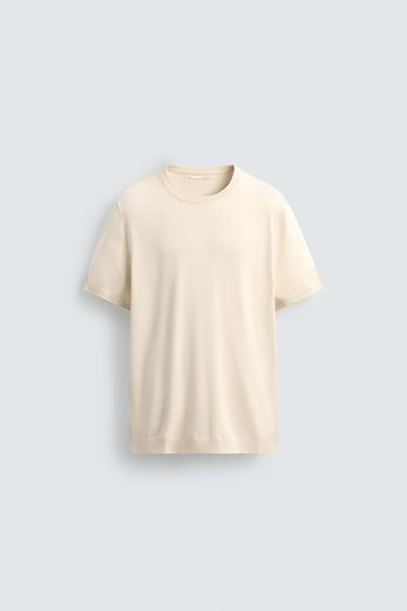 Zara VISCOSE BLEND KNIT T-SHIRT - Ecru