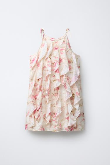 Zara RUFFLED FLORAL DRESS - Ecru