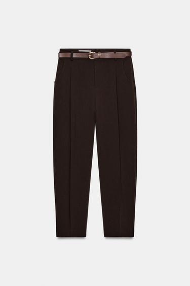 PANTALON À PINCES AVEC CEINTURE - Marron foncé de Zara - Image 6