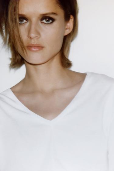 COTTON V-NECK T-SHIRT - White by Zara - Image 5