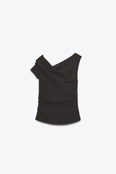 Zara ASYMMETRIC RUCHED TOP - Dark brown