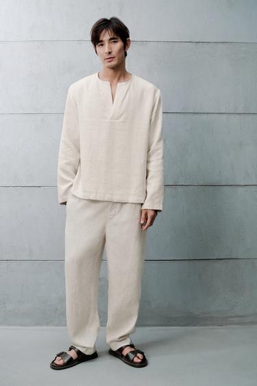 LINEN BLEND TEXTURED POLO SHIRT - Ecru by Zara