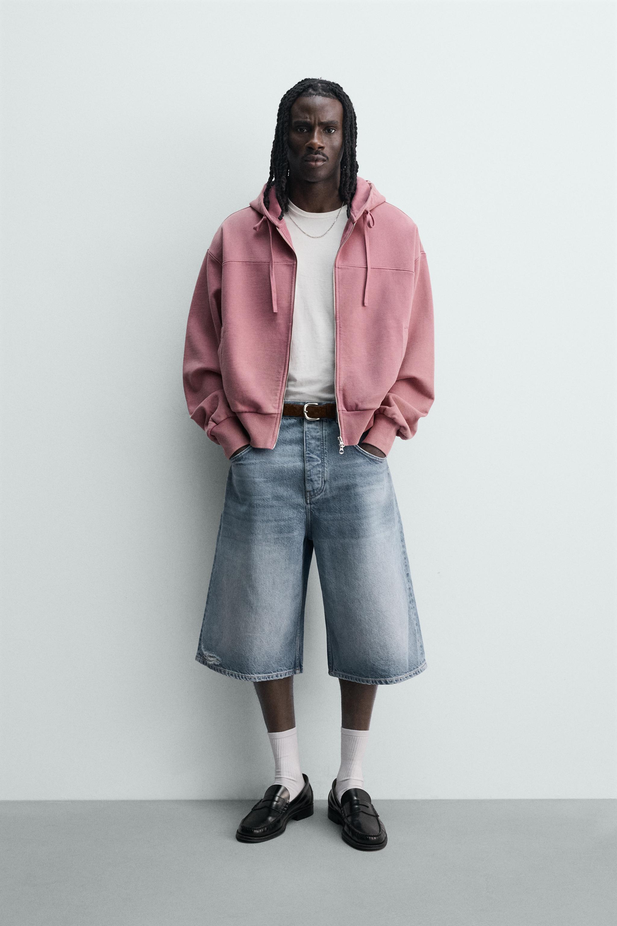 ZARA リボン刺繍付き ミッドライズ バギーフィット デニムバミューダショーツ バギーフィットデニムバミューダパンツ - ブルー | ZARA Japan / 日本