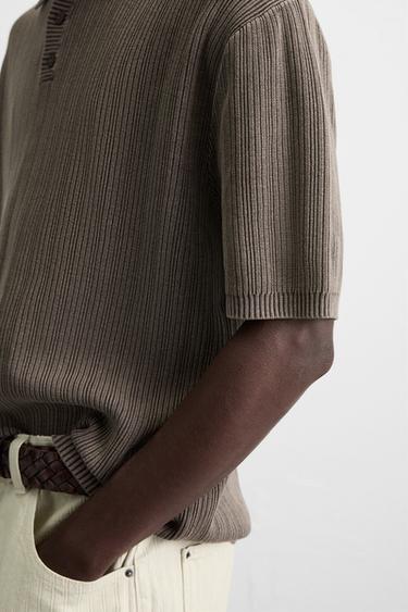 WASHED TEXTURED KNIT POLO SHIRT - Chocolate by Zara - Image 4