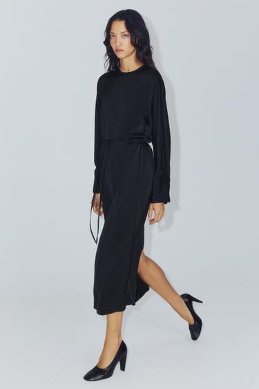 ZW COLLECTION SATIN BELTED DRESS - Black by Zara