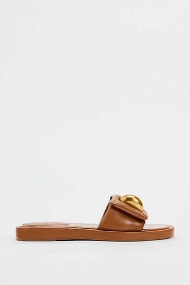 PADDED FLAT SANDALS WITH EMBELLISHMENT - Brown by Zara - Image 0