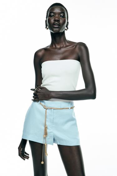 Zara MID-RISE LINEN BERMUDA SHORTS - Light blue