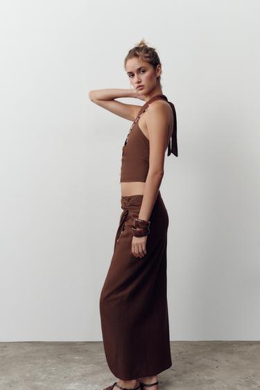FALDA MIDI CON LINO CONCHAS - Terracota de Zara