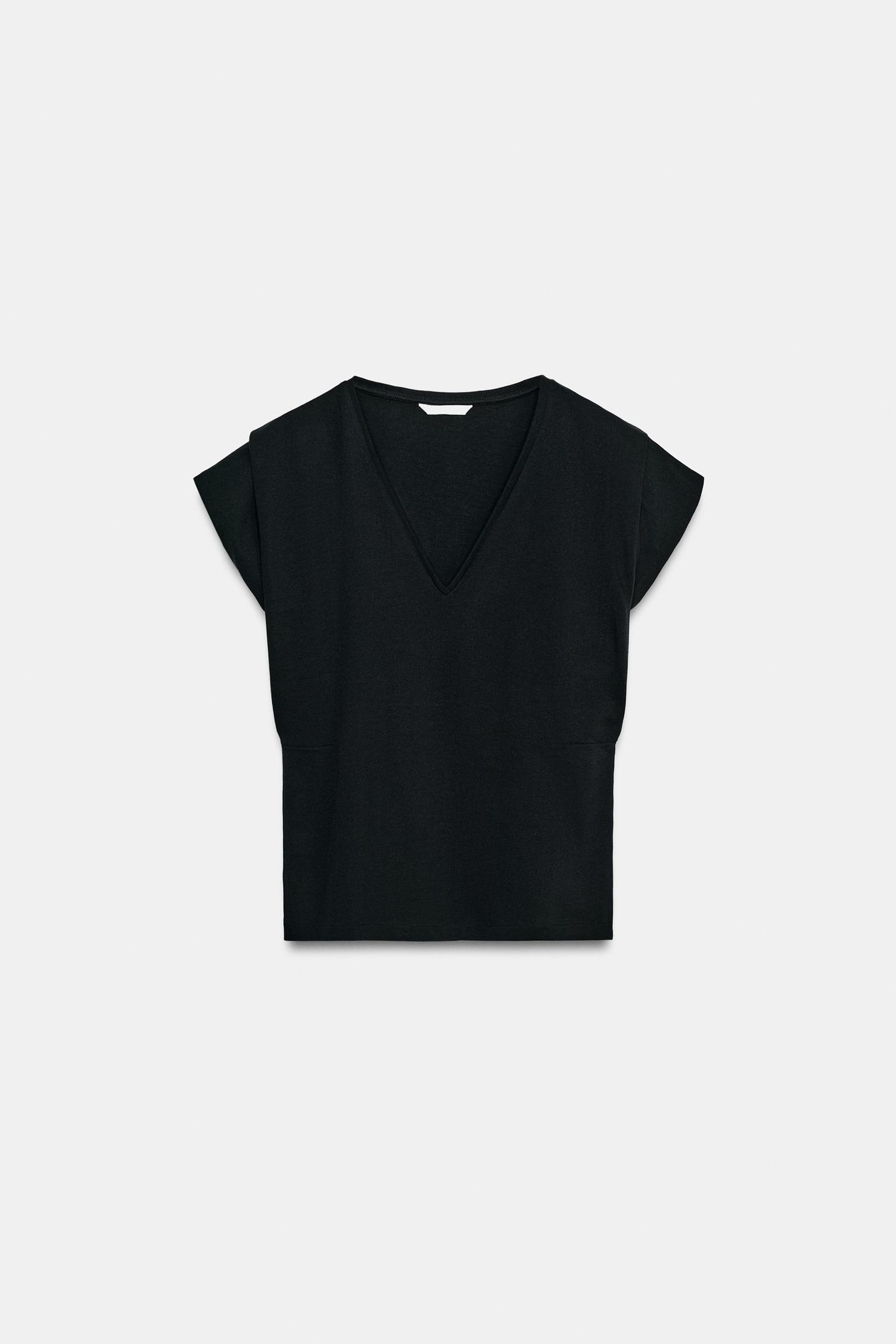Женская футболка Zara Cotton V-NECK, цвет: Чёрный — фото 5