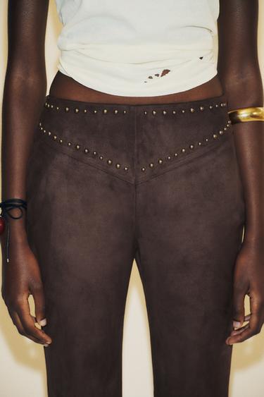 STADDED FAUX SUEDE FLARE TROUSERS - Chocolate by Zara