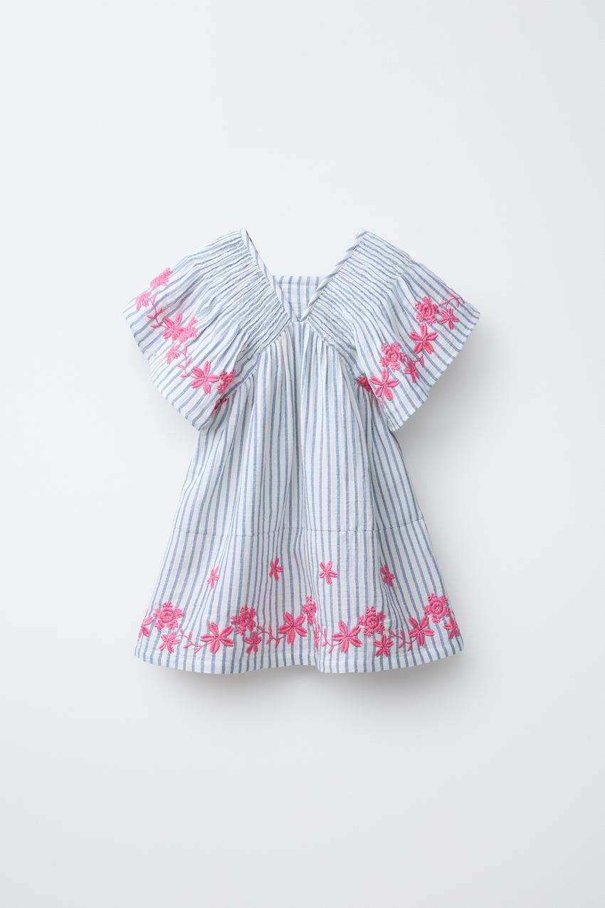 EMBROIDERED FLORAL STRIPED DRESS - Oyster-white | ZARA United States