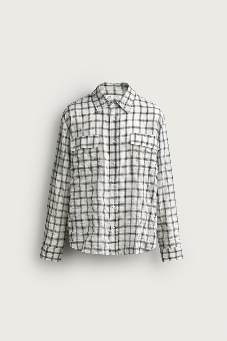 TEXTURED PLAID RELAXED FIT SHIRT — Oyster-white