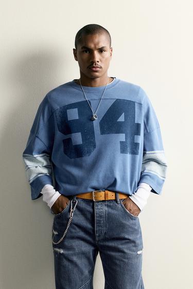 Zara BOXY FIT VINTAGE WASH PATCH T-SHIRT - Blue