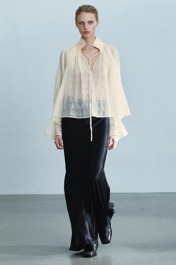 ZW COLLECTION GATHERED LYOCELL BLEND BLOUSE - Ecru by Zara - Image 0