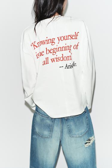 LONG SLEEVE SLOGAN T-SHIRT - White by Zara - Image 2