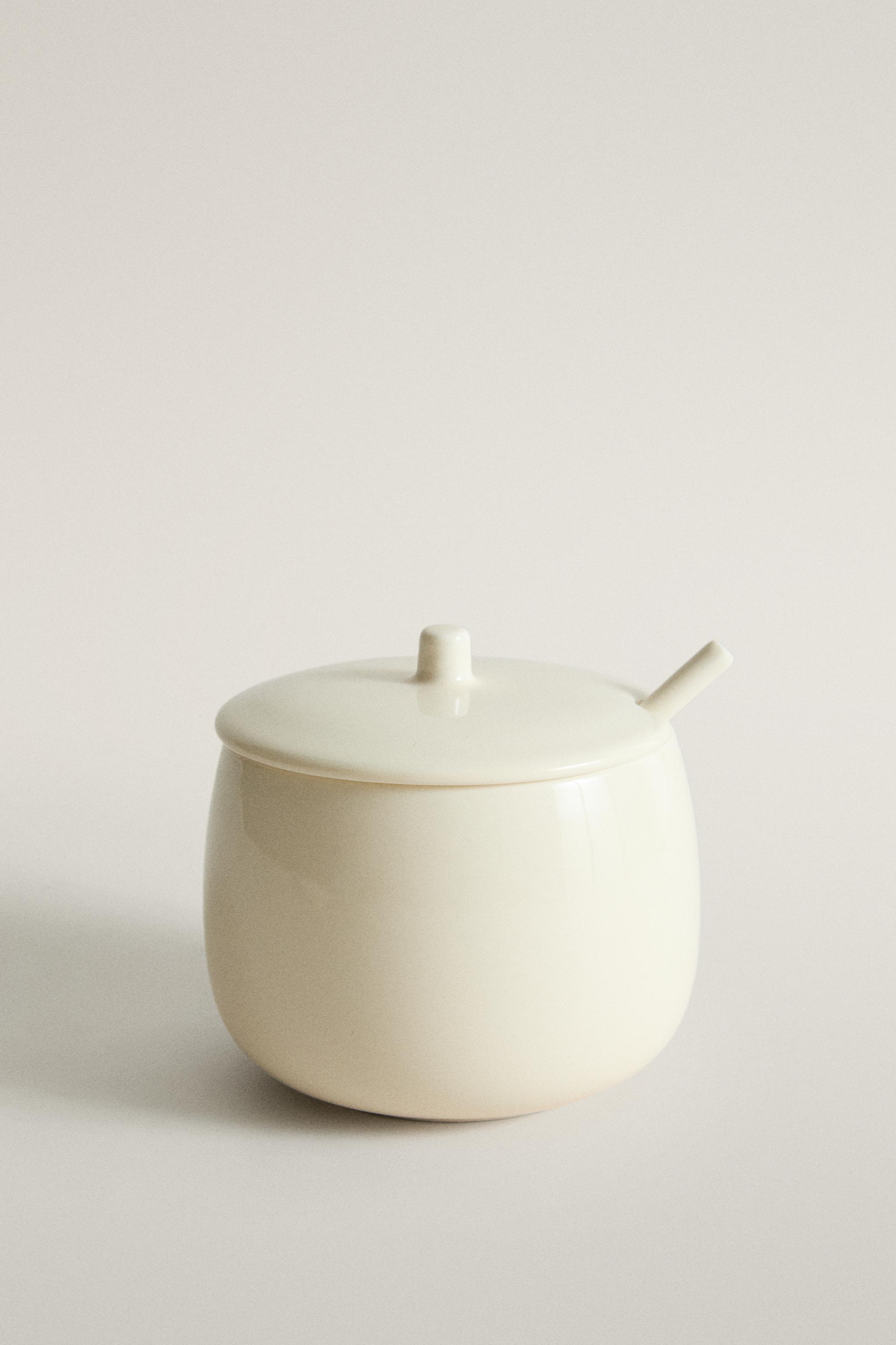PLAIN STONEWARE SUGAR BOWL WITH SPOON