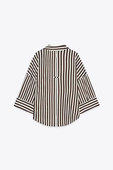 WIDE-SLEEVE LINEN BLEND SHIRT - brown/white by Zara - Image 5