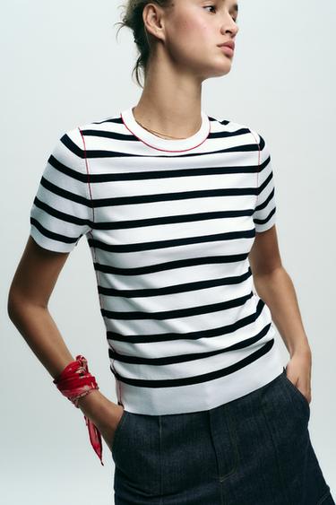 Zara CONTRAST TRIM KNIT SHORT SLEEVE TOP - striped