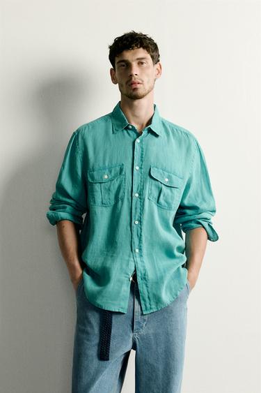 Zara 100% LINEN RELAXED FIT SHIRT - Turquoise