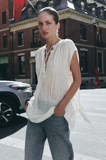 Блузка изо льна с завязками, коллекция ZW — ЖЕЛТОВАТО-БЕЛЫЙ от Zara