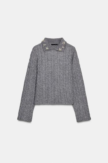 CABLE-KNIT JUMPER WITH JEWEL NECKLINE - Grey marl by Zara