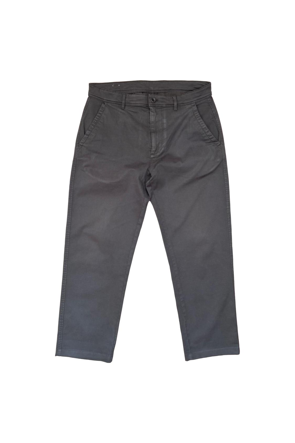 Dark grey casual chinos with side pockets and button fastening, presented against a white background.
