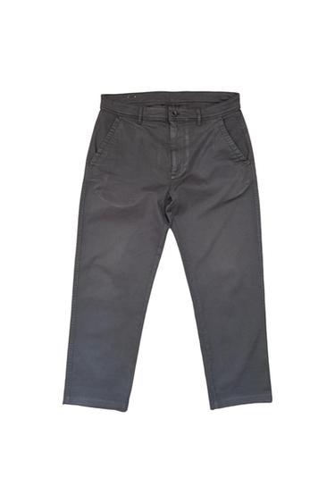 Dark grey casual chinos with side pockets and button fastening, presented against a white background.