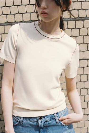 SHORT SLEEVE KNIT TOP WITH PIPING - Ecru by Zara