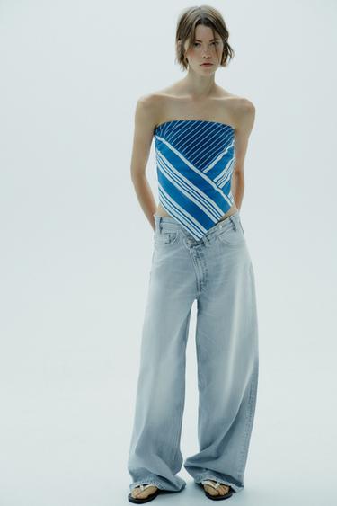 STRIPED LINEN BLEND BANDEAU TOP - Blue/White by Zara