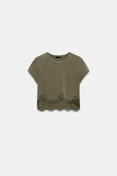 CROPPED LACE T-SHIRT — Brown 2