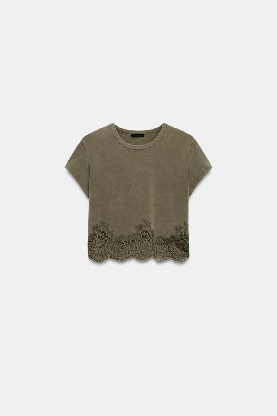 CROPPED LACE T-SHIRT - Brown by Zara - Image 0