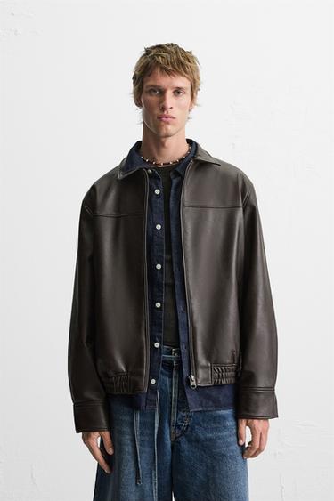 Zara FAUX LEATHER BOMBER JACKET - Chocolate brown
