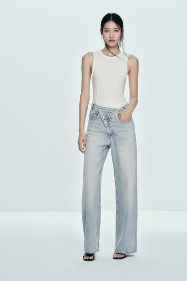 Zara TRF WIDE-LEG 高腰交叉牛仔褲 - 淡藍色